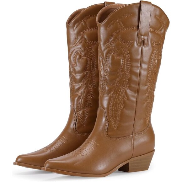 Shoes - Women's Tan Pointy Toe Cowgirl Chunky Heel Boot Mid Calf Ladies Western Boots